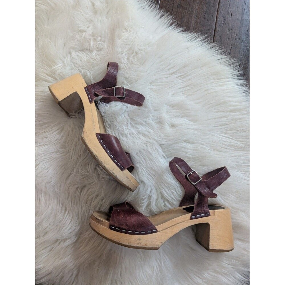 Swedish Hasbeens Women's Brown Leather Wooden Clogs Sandals 38